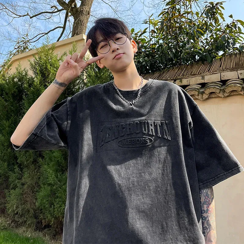 -  Summer New Men's Retro Short Sleeved T-Shirt Men Wash American Tide Brand Suede Heavy T Half Harajuku Oversize Y2K Tops Tee