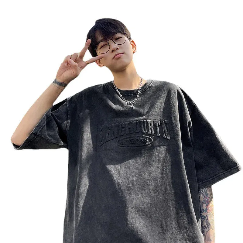 -  Summer New Men's Retro Short Sleeved T-Shirt Men Wash American Tide Brand Suede Heavy T Half Harajuku Oversize Y2K Tops Tee