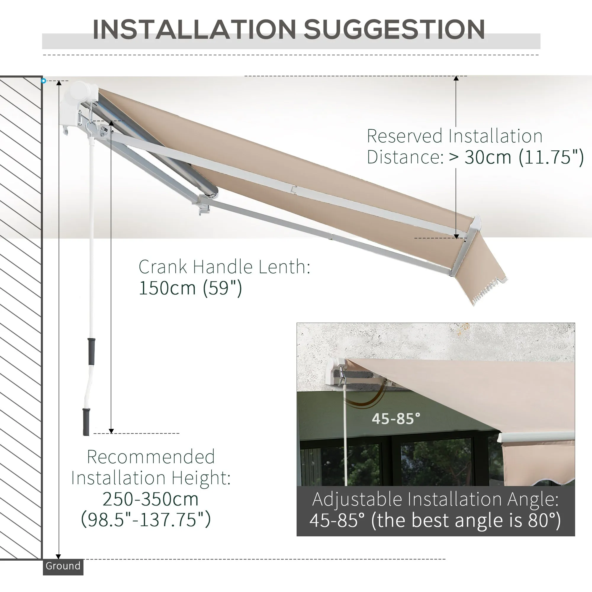 4x2.5m Retractable Manual Awning Window Door Sun Shade Canopy with Fittings and Crank Handle Beige