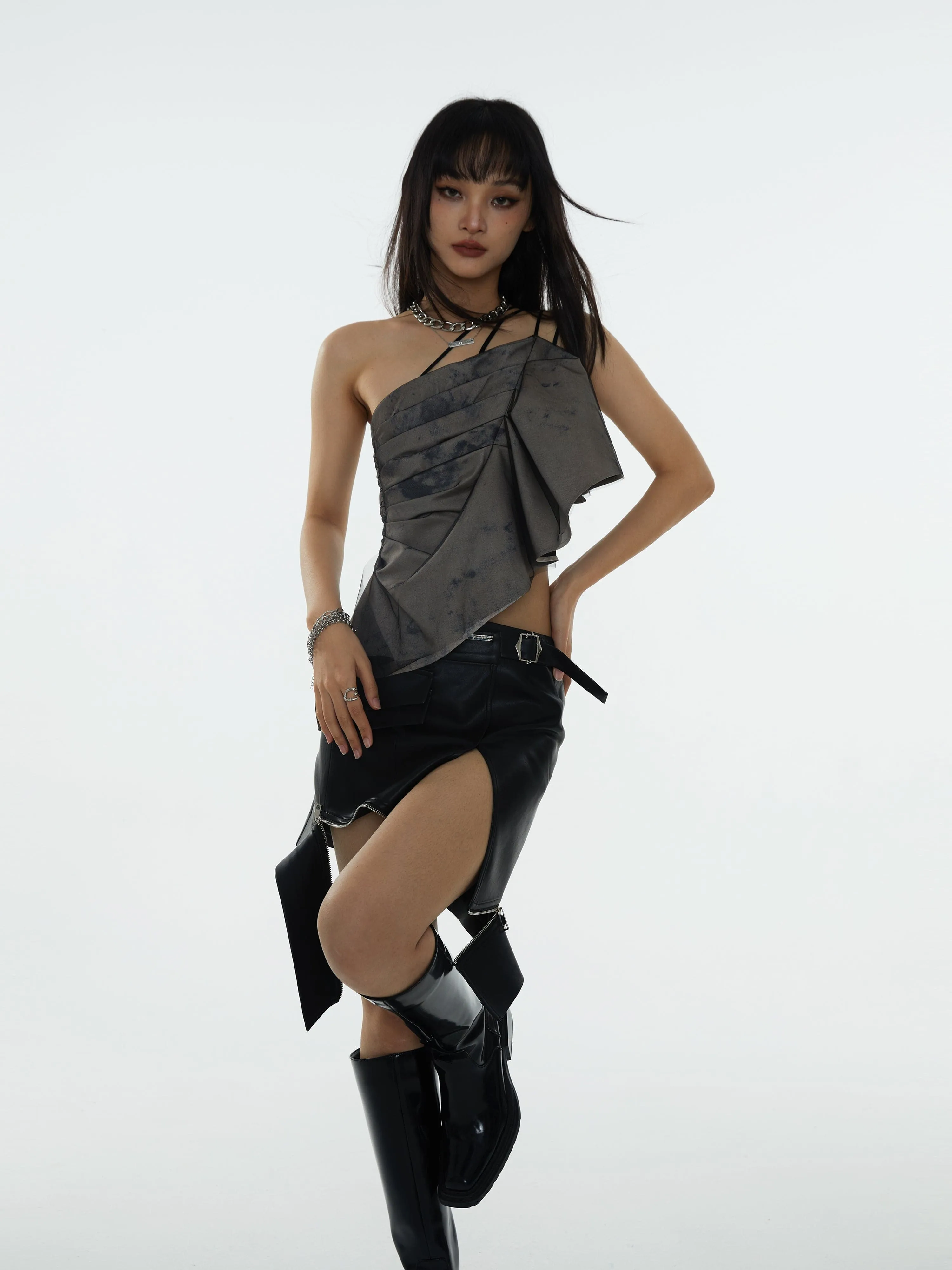 Asymmetric Camisole With Pleated Shoulder Strap