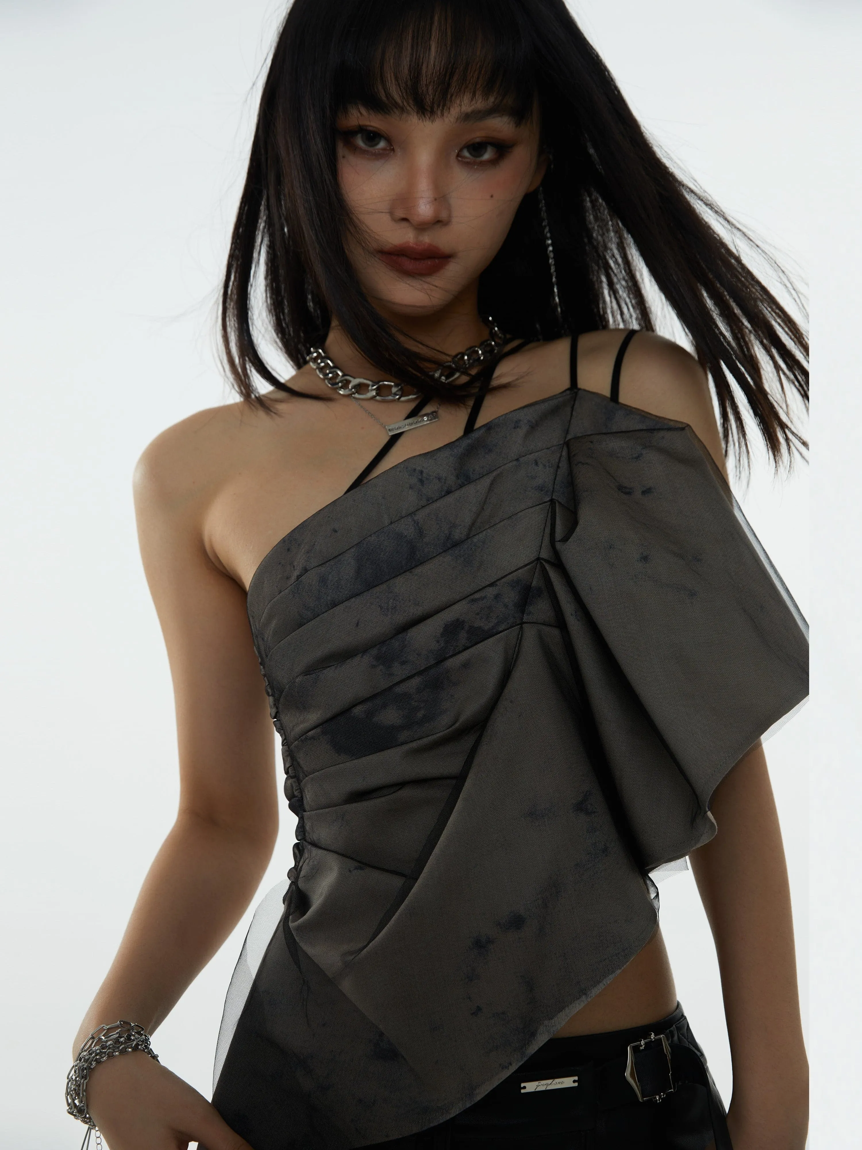 Asymmetric Camisole With Pleated Shoulder Strap