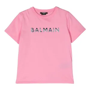 Balmain Kids Iridescent Logo Pink T-Shirt