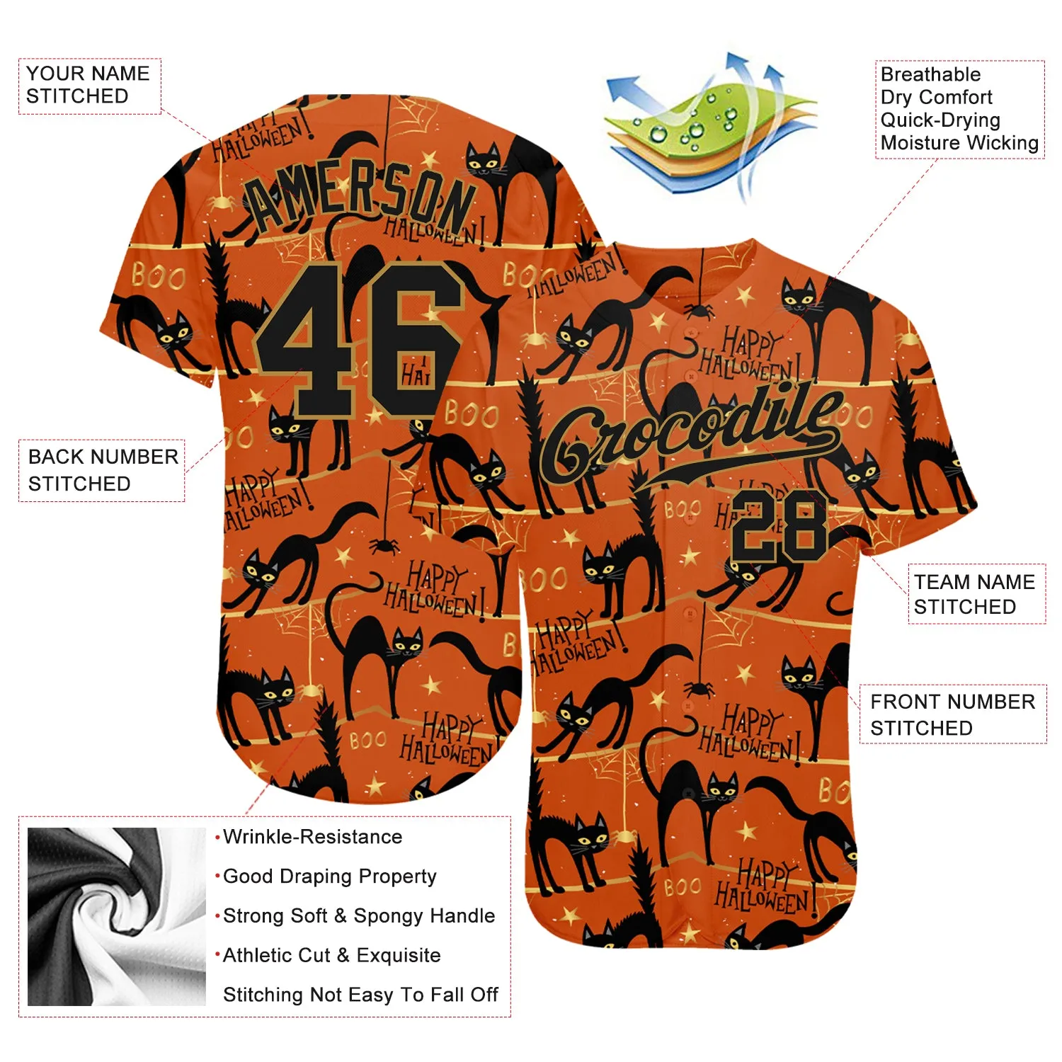 Custom 3D Pattern Happy Halloween Black Cats Spiders Authentic Baseball Jersey