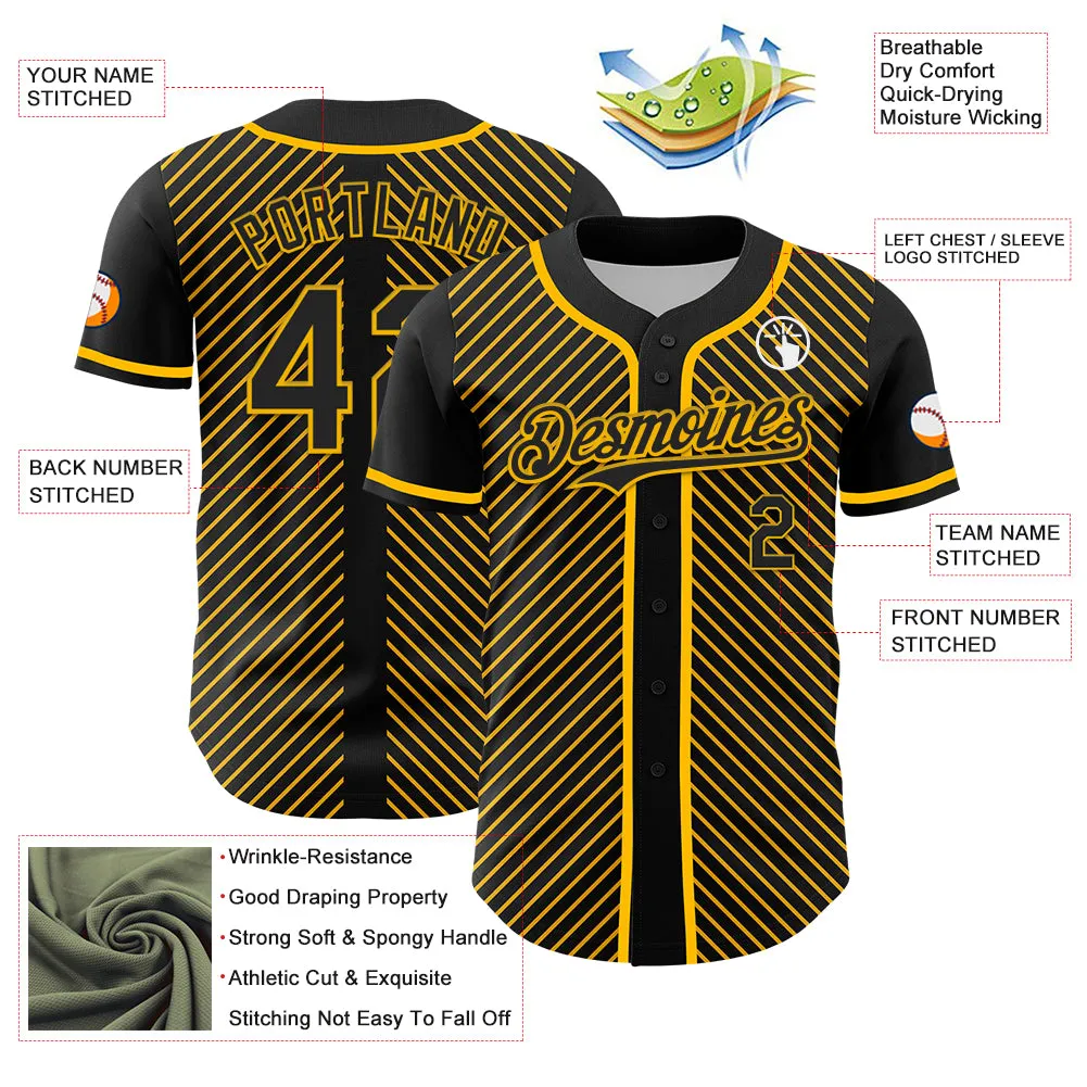 Custom Black Gold 3D Pattern Design Diagonal Stripes Authentic Baseball Jersey