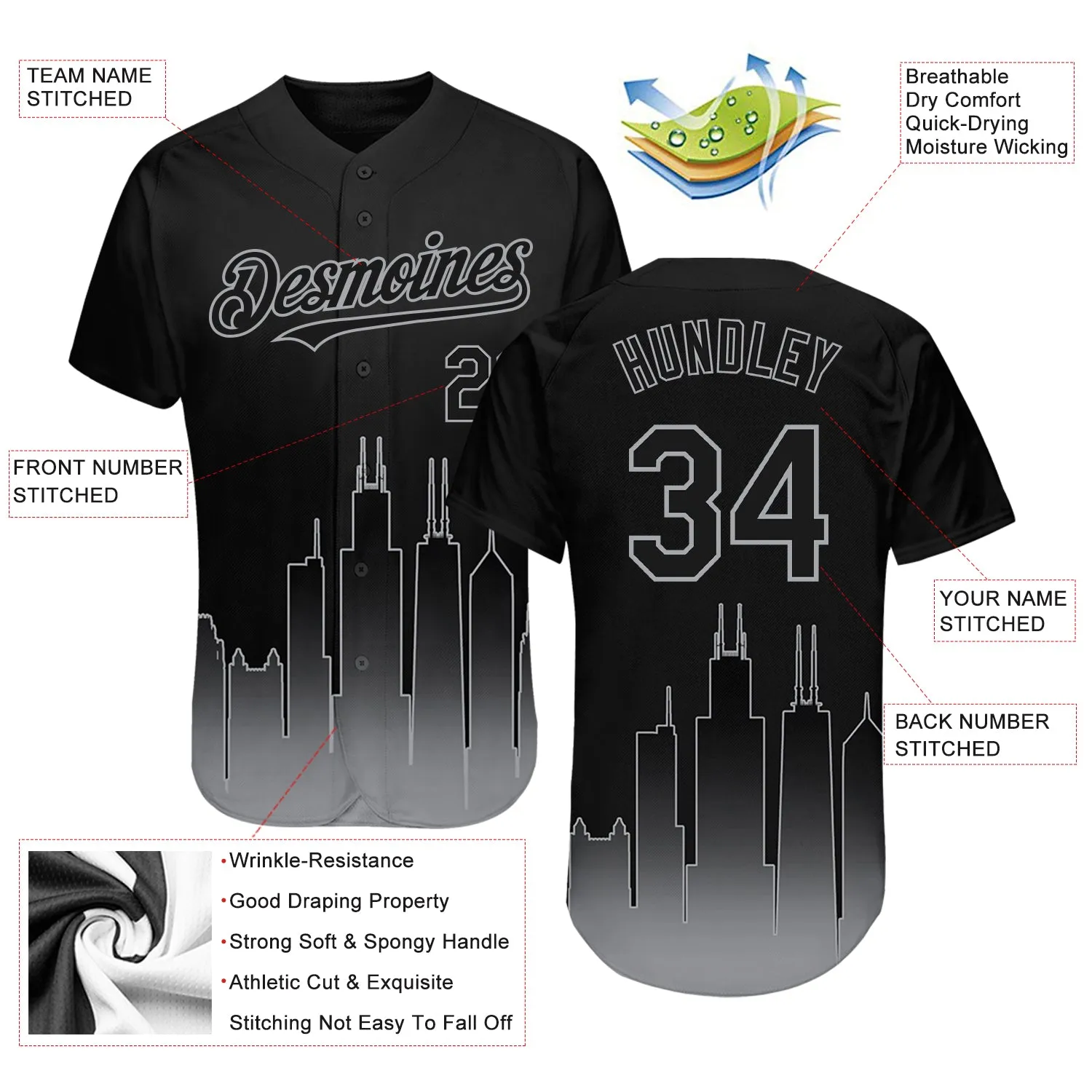 Custom Black Gray 3D Chicago City Edition Fade Fashion Authentic Baseball Jersey