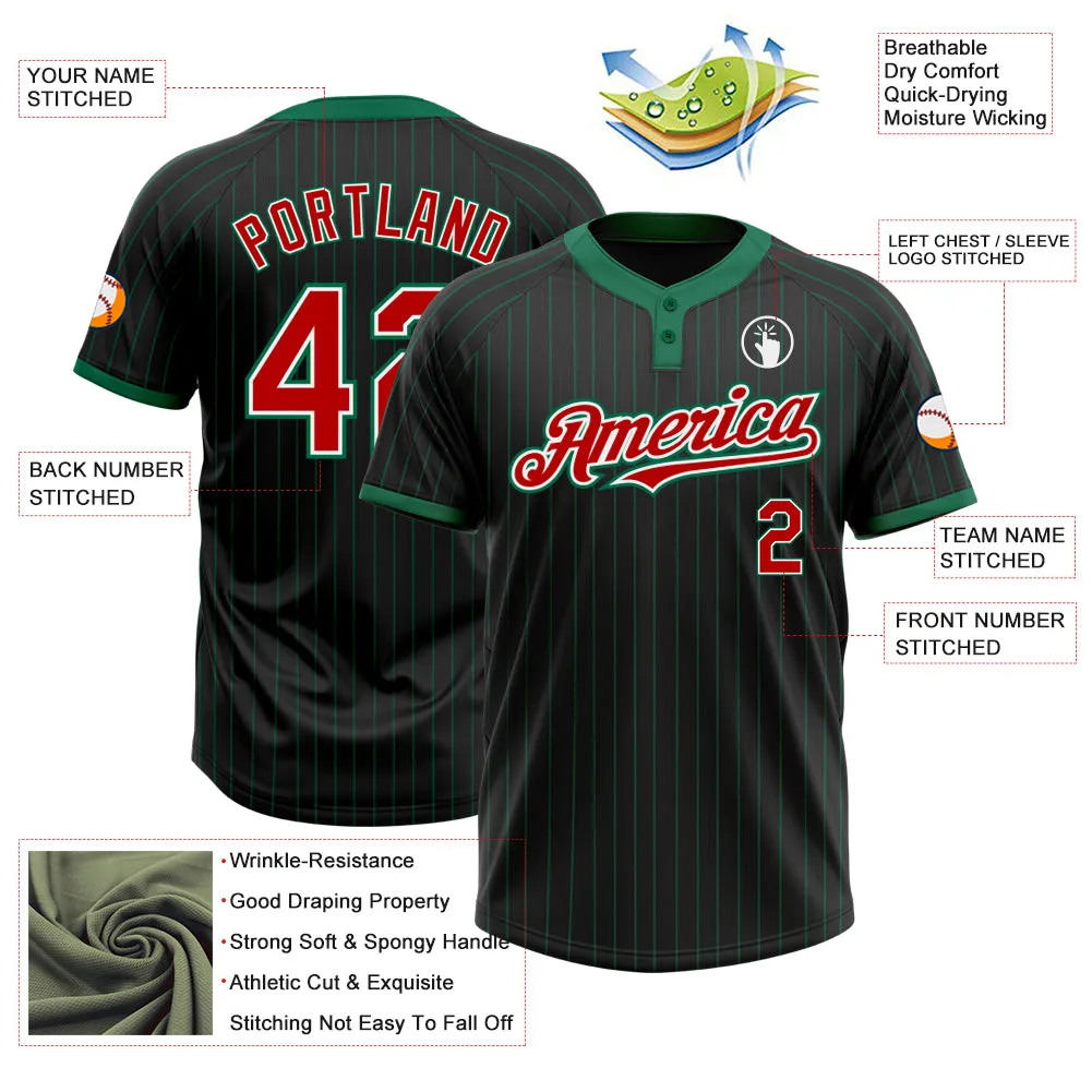 Custom Black Kelly Green Pinstripe Red-White Two-Button Unisex Softball Jersey