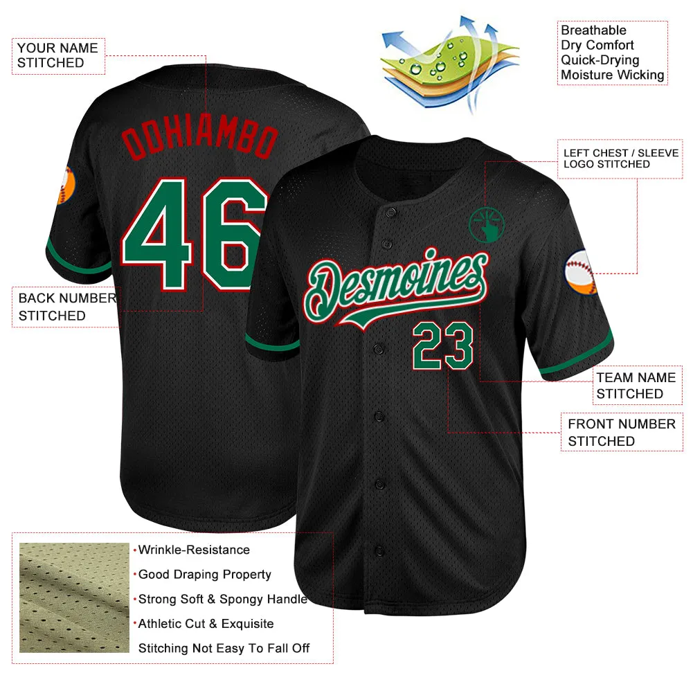 Custom Black Kelly Green-Red Mesh Authentic Throwback Baseball Jersey