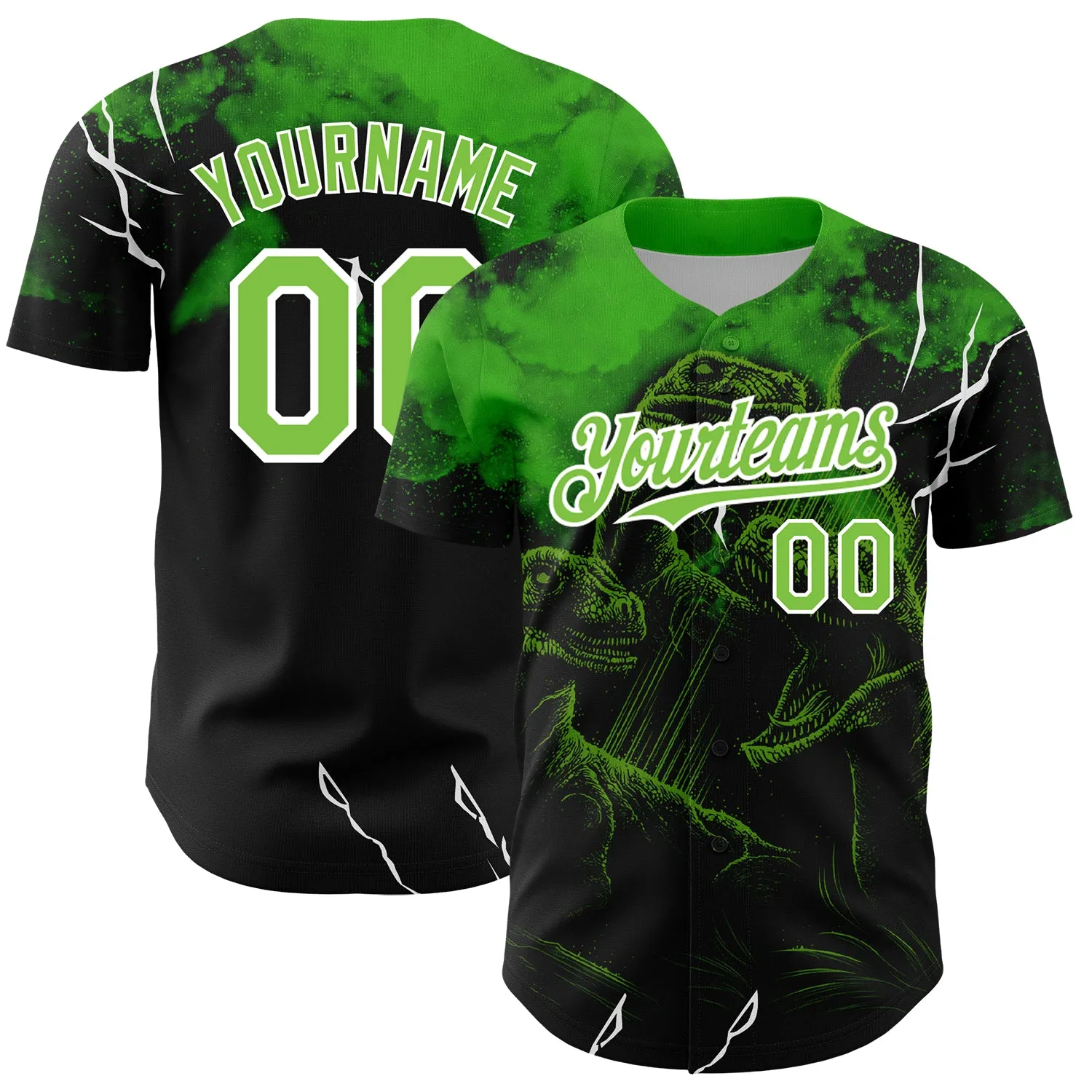 Custom Black Neon Green-White 3D Pattern Design Animal Dinosaur Authentic Baseball Jersey