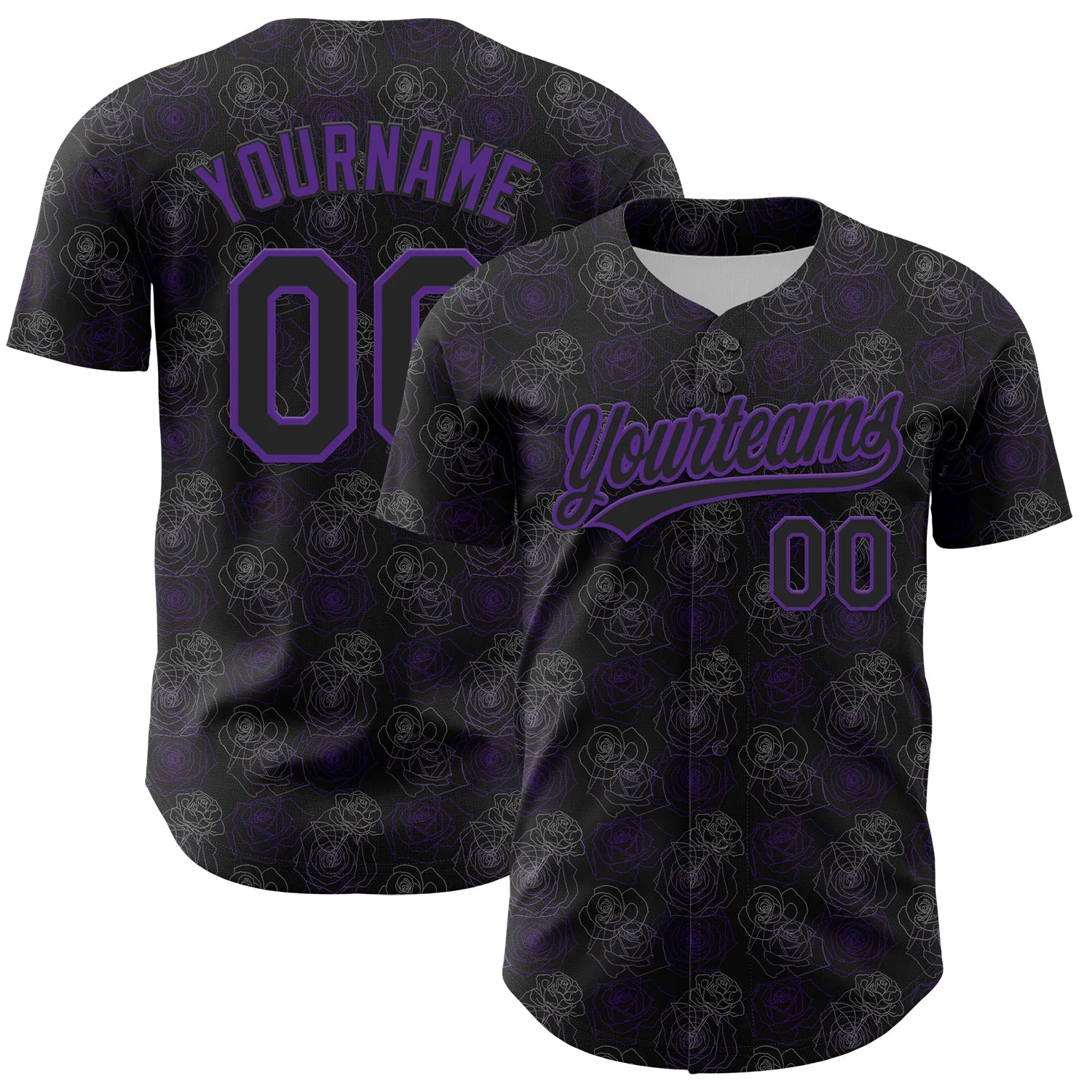 Custom Black Purple 3D Pattern Design Gothic Style Rose Authentic Baseball Jersey