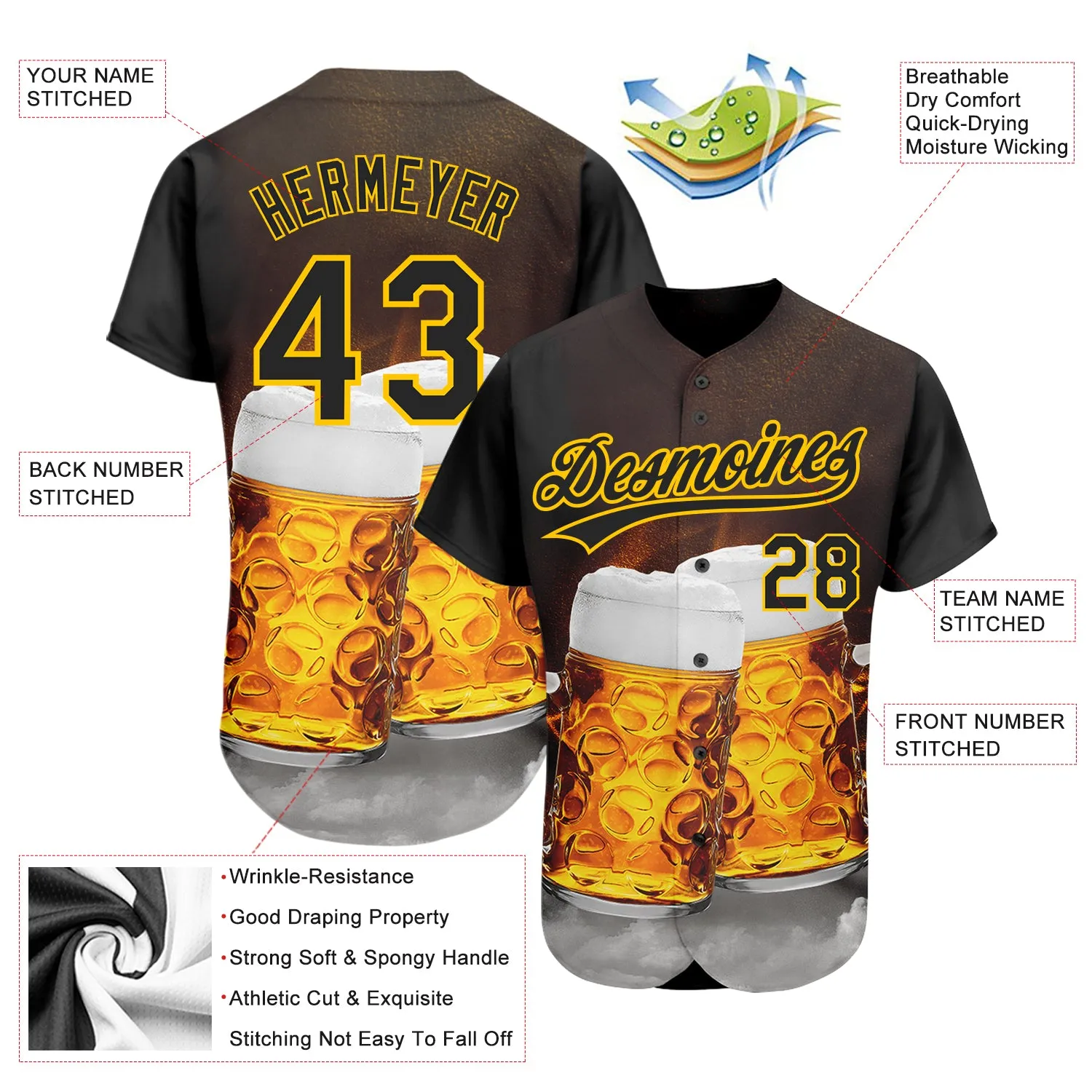 Custom Black Yellow 3D Pattern Design Beer Festival Authentic Baseball Jersey