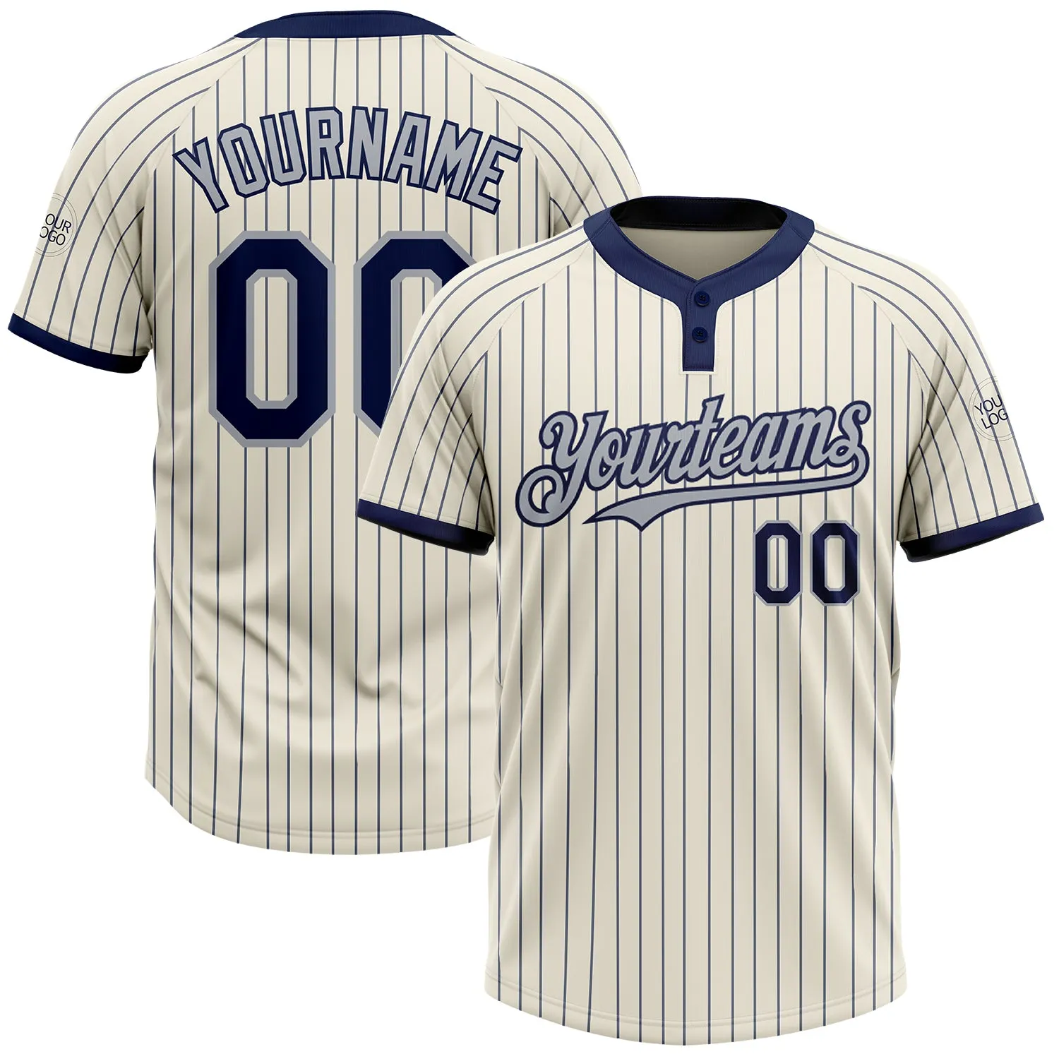 Custom Cream Navy Pinstripe Gray Two-Button Unisex Softball Jersey