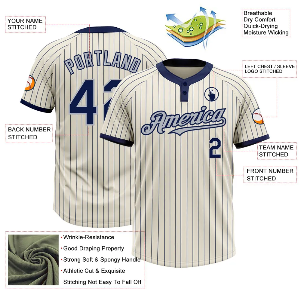 Custom Cream Navy Pinstripe Gray Two-Button Unisex Softball Jersey