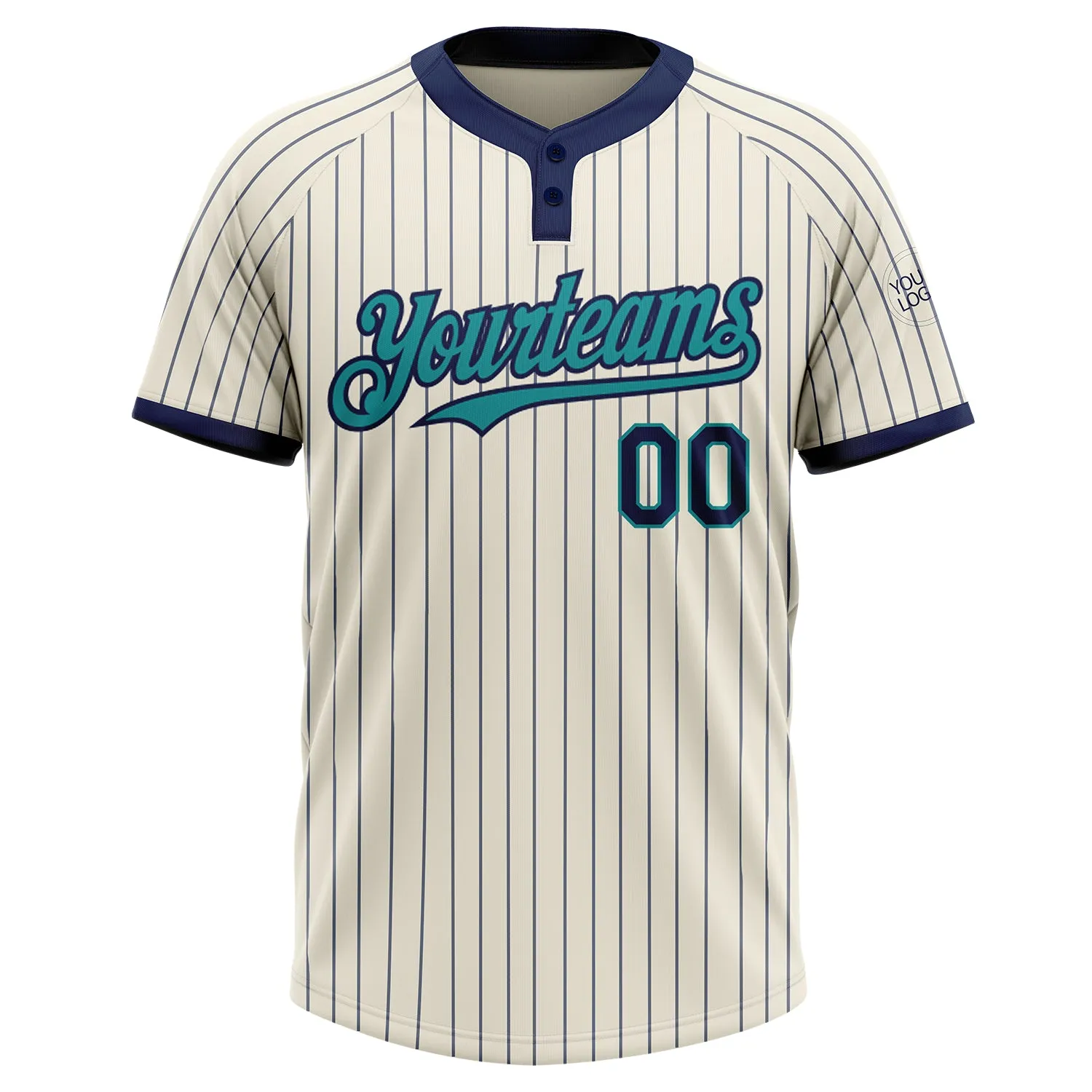 Custom Cream Navy Pinstripe Teal Two-Button Unisex Softball Jersey