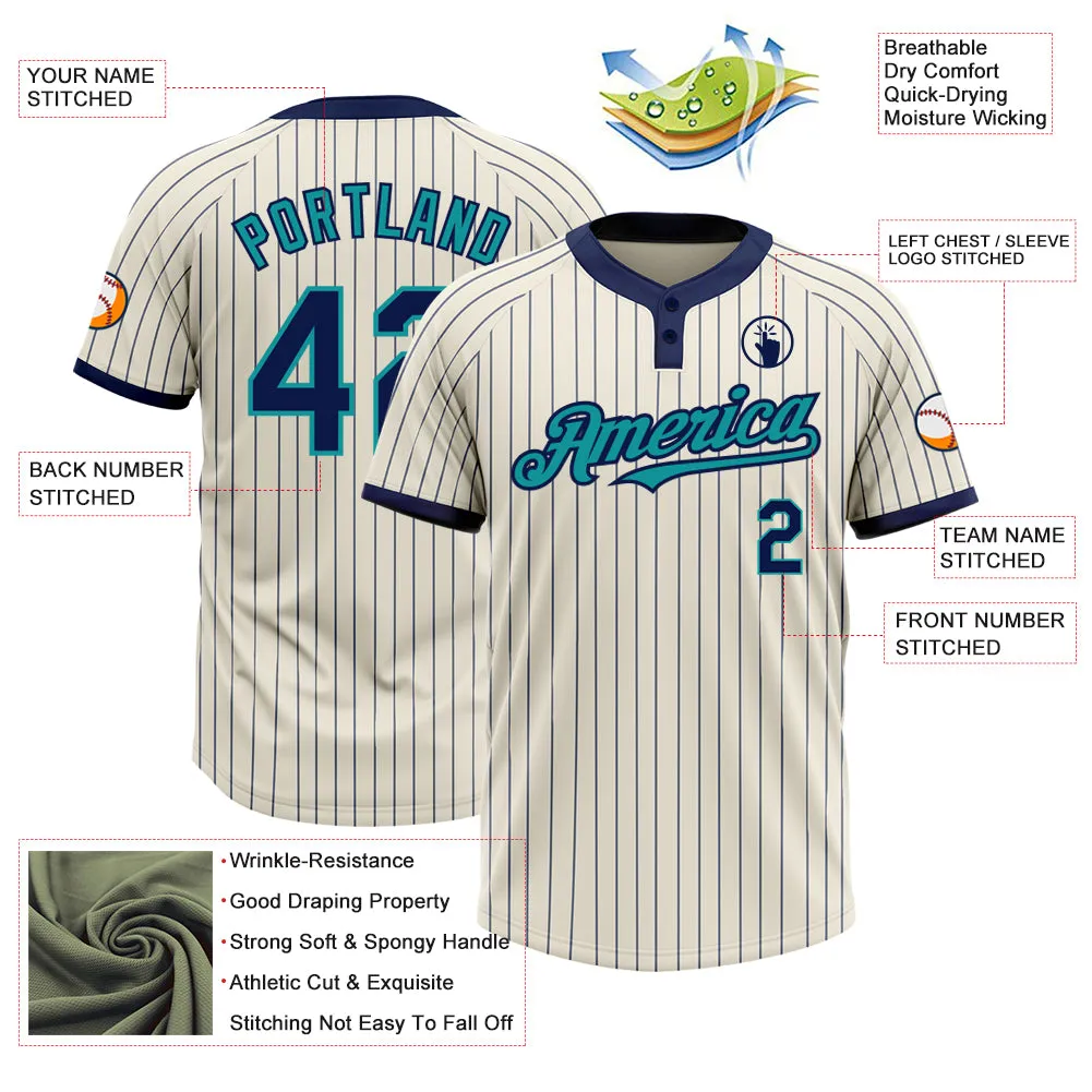 Custom Cream Navy Pinstripe Teal Two-Button Unisex Softball Jersey