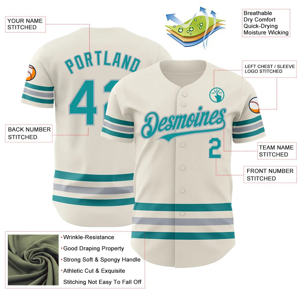 Custom Cream Teal-Gray Line Authentic Baseball Jersey