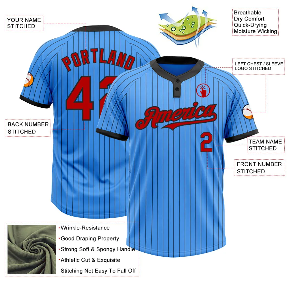 Custom Electric Blue Black Pinstripe Red Two-Button Unisex Softball Jersey