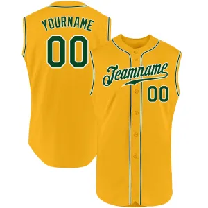 Custom Gold Green-White Authentic Sleeveless Baseball Jersey