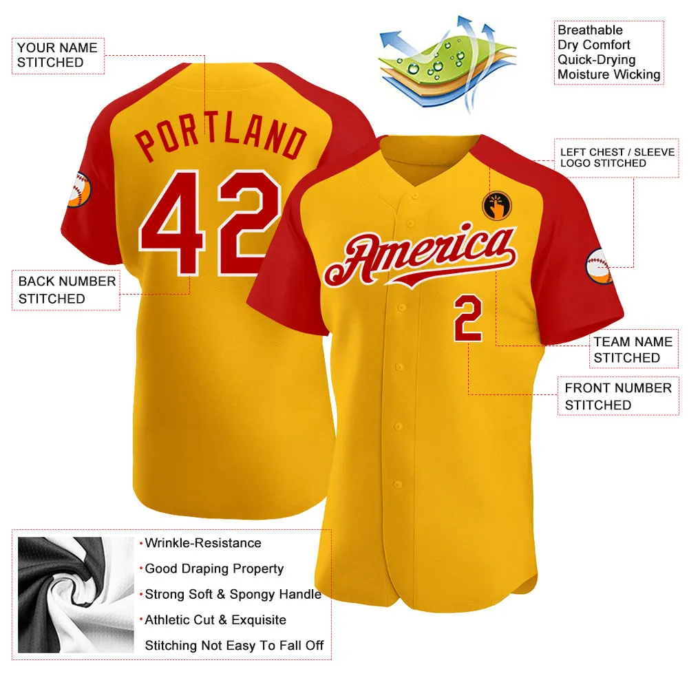 Custom Gold Red-White Authentic Raglan Sleeves Baseball Jersey