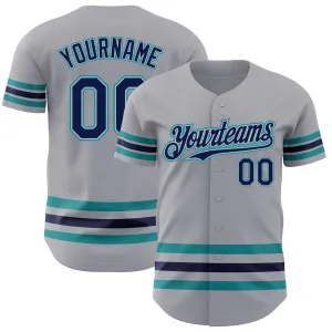 Custom Gray Navy Gray-Teal Line Authentic Baseball Jersey