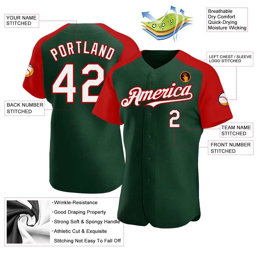 Custom Green White-Red Authentic Raglan Sleeves Baseball Jersey