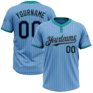 Custom Light Blue Teal Pinstripe Navy-Gray Two-Button Unisex Softball Jersey