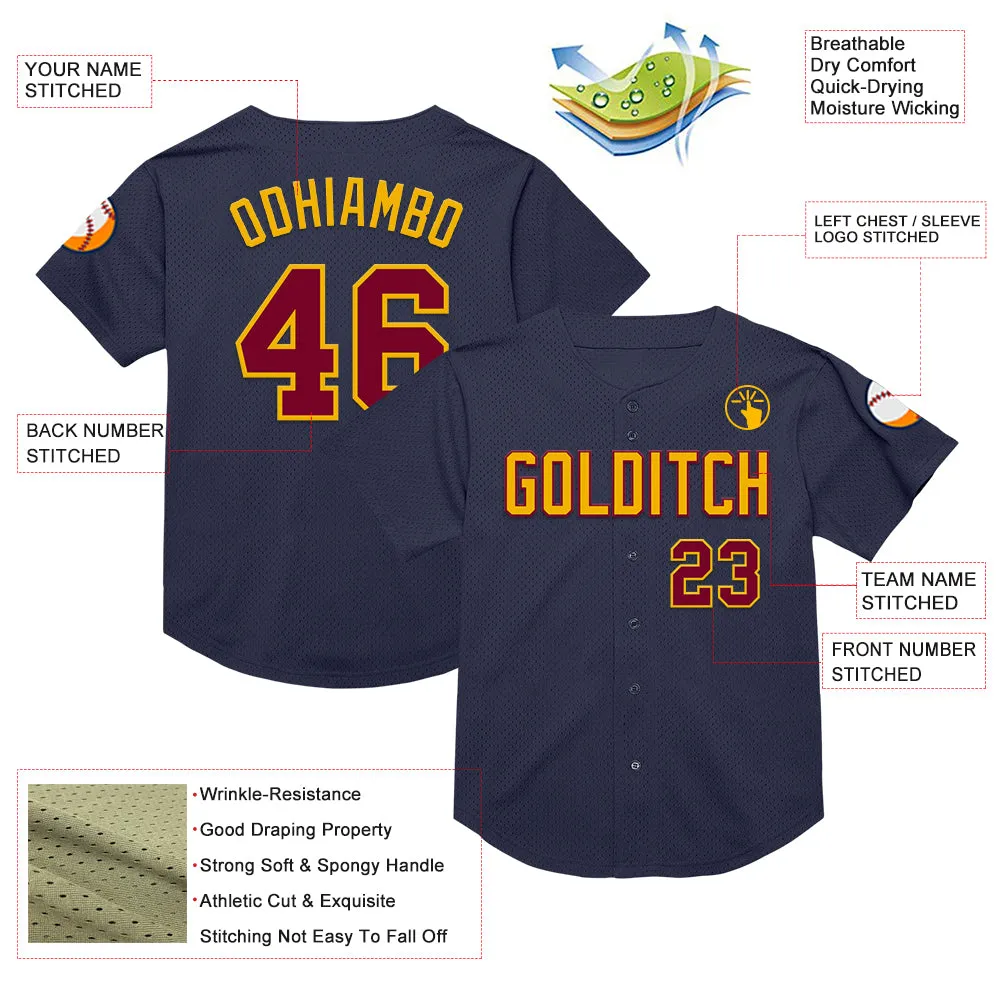 Custom Navy Maroon-Gold Mesh Authentic Throwback Baseball Jersey