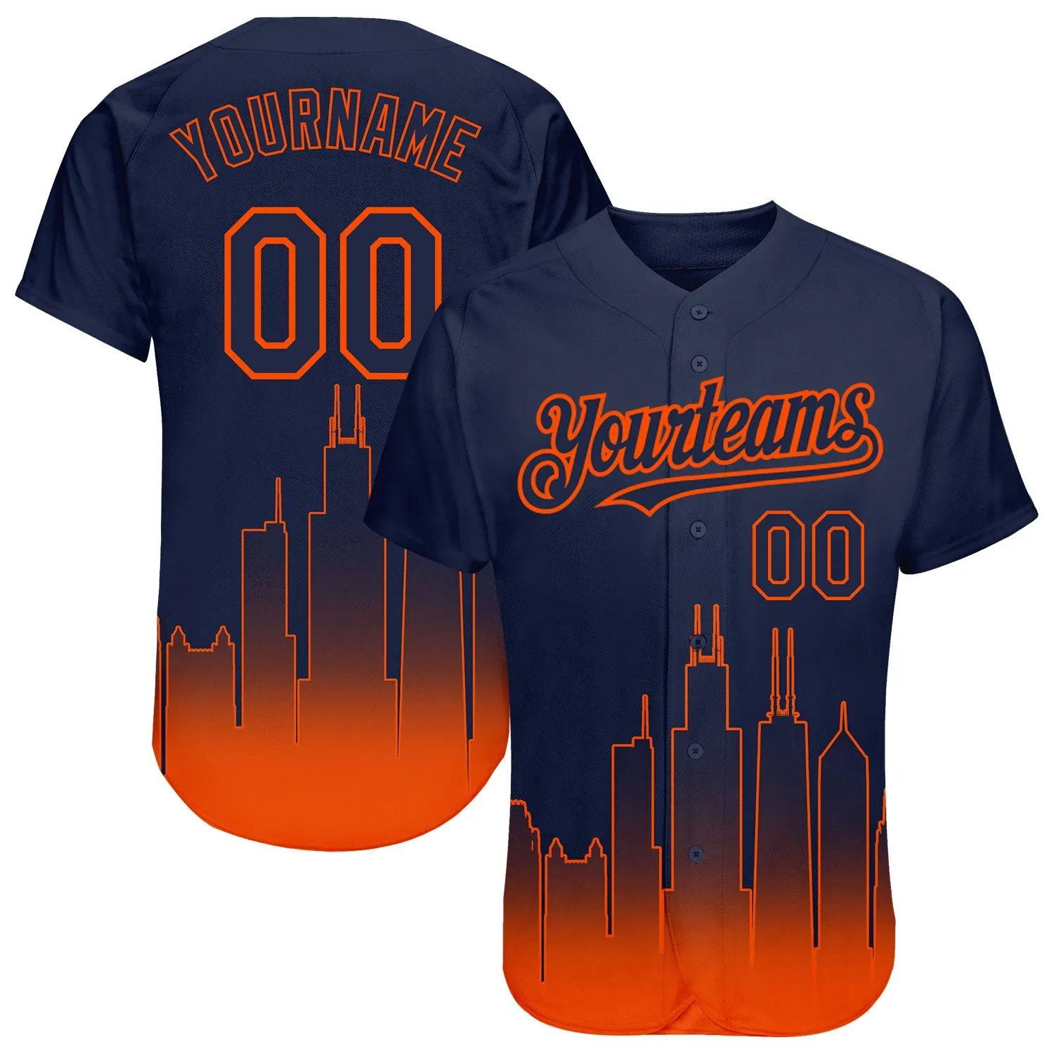 Custom Navy Orange 3D Chicago City Edition Fade Fashion Authentic Baseball Jersey