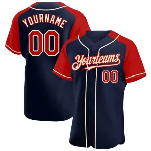 Custom Navy Red-Cream Authentic Raglan Sleeves Baseball Jersey