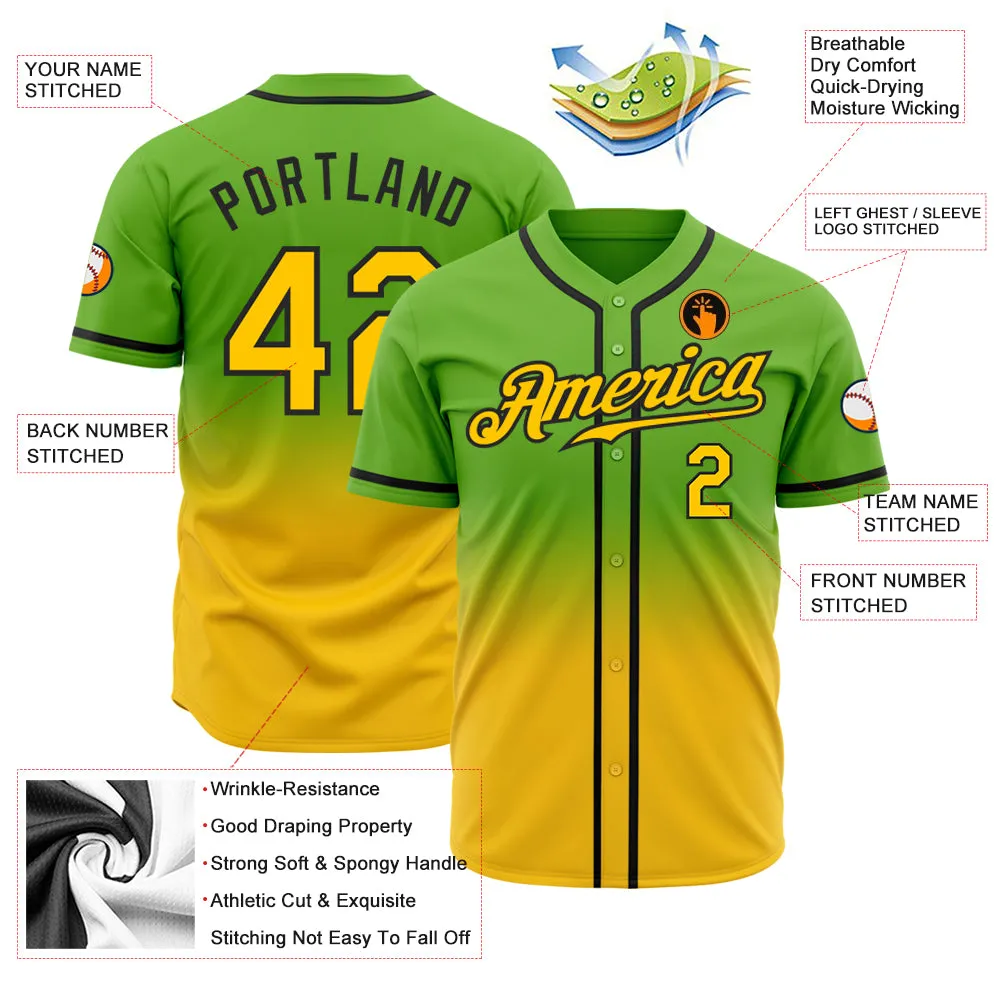 Custom Neon Green Yellow-Black Authentic Fade Fashion Baseball Jersey