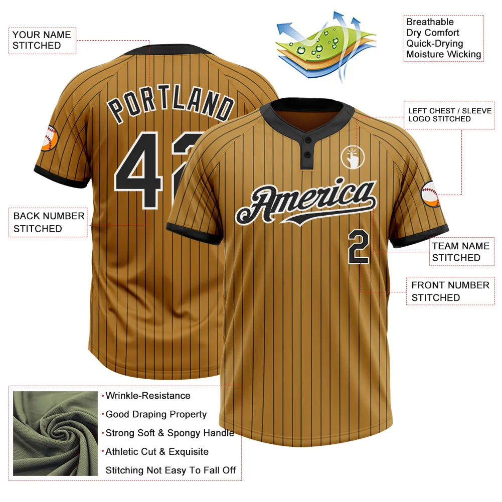 Custom Old Gold Black Pinstripe White Two-Button Unisex Softball Jersey