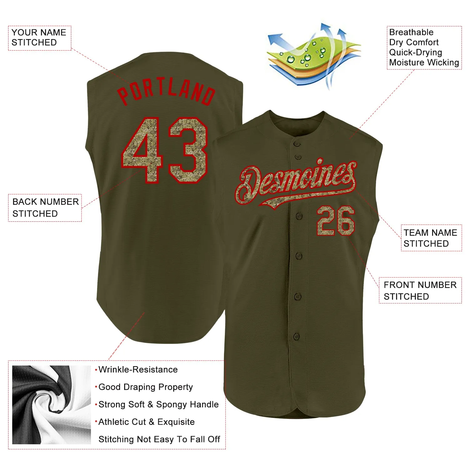 Custom Olive Camo-Red Authentic Sleeveless Salute To Service Baseball Jersey