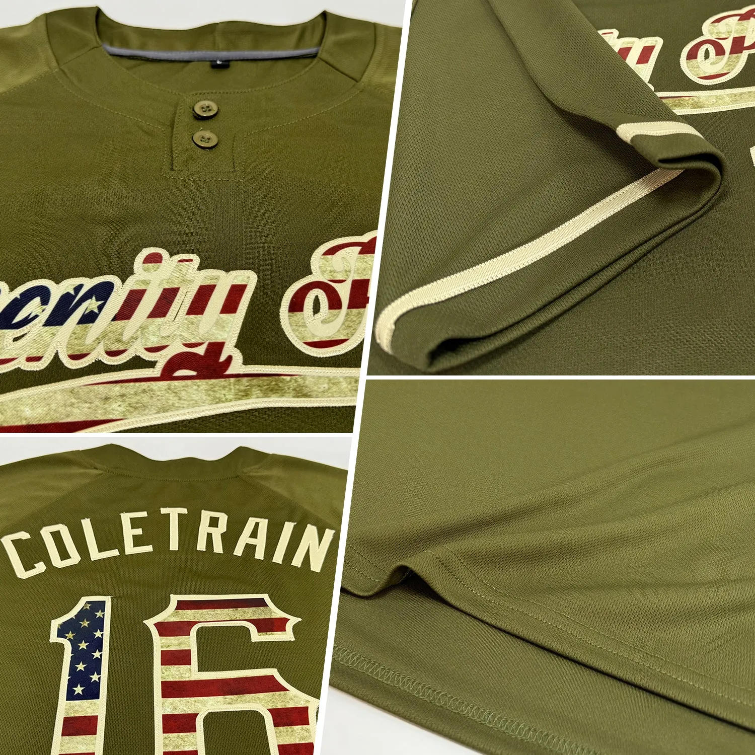 Custom Olive Vintage USA Flag-City Cream Salute To Service Two-Button Unisex Softball Jersey