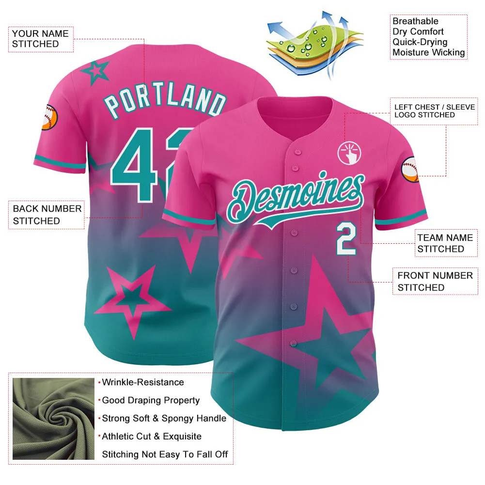 Custom Pink Teal-White 3D Pattern Design Gradient Style Twinkle Star Authentic Baseball Jersey