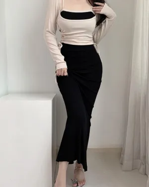 deanwangkt Sexy Slim Bodycon Dress Korean Style 2 Piece Sets Long Sleeve Drawstring Crop Top Maxi Dresses For Women Autumn