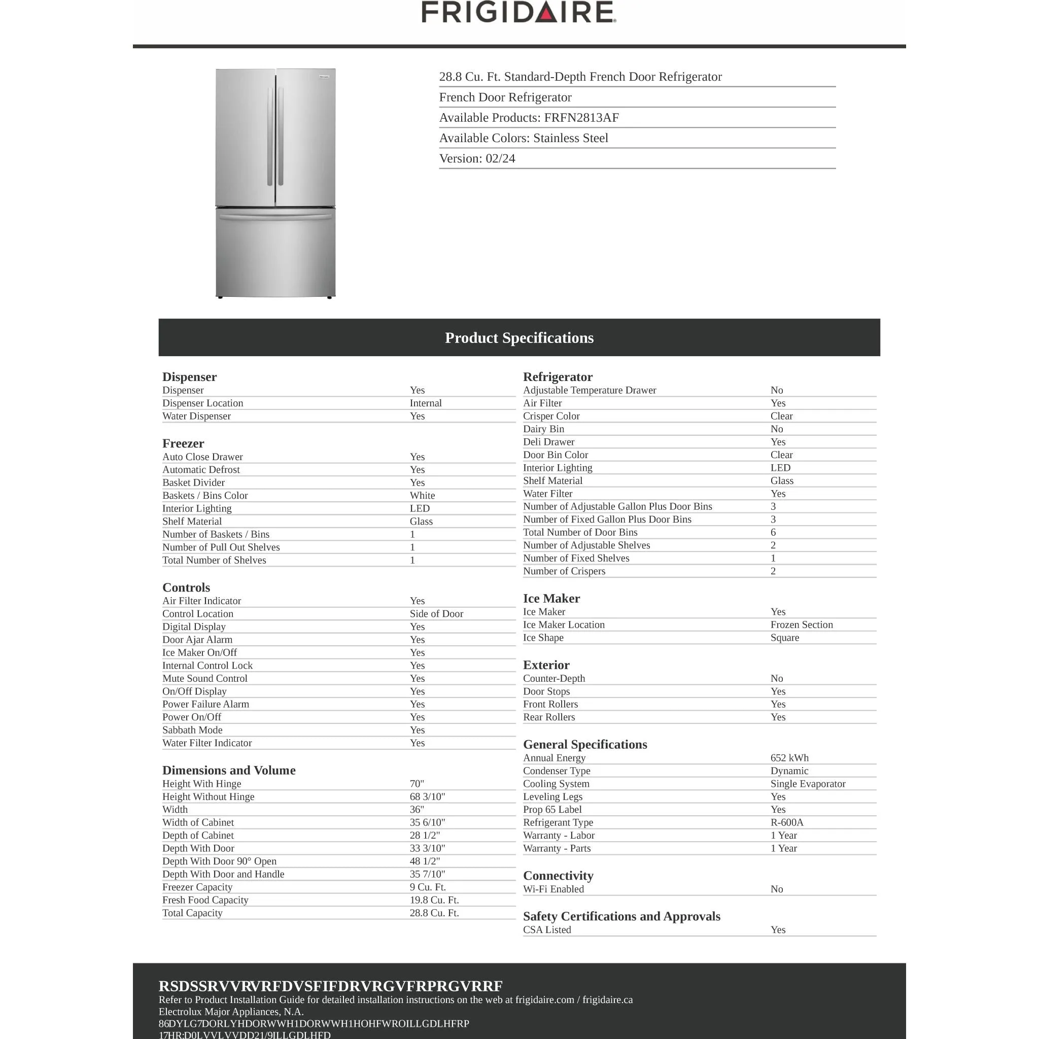 Frigidaire French Door Fridge (FRFN2813AF) - SmudgeProof Stainless Steel