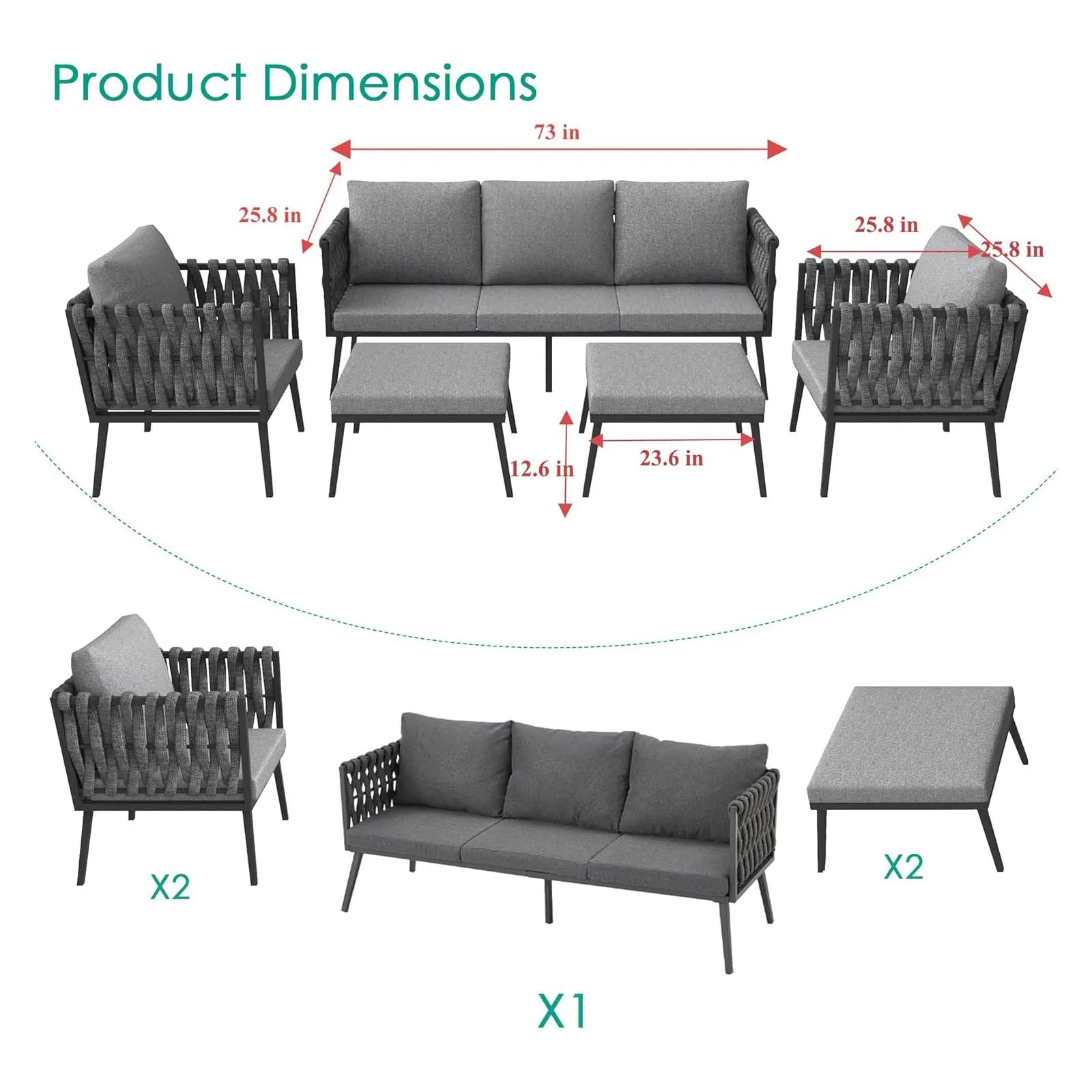 Homrest 5 Pieces Woven Rope Patio Furniture Set with Coffee Table, Dark Gray