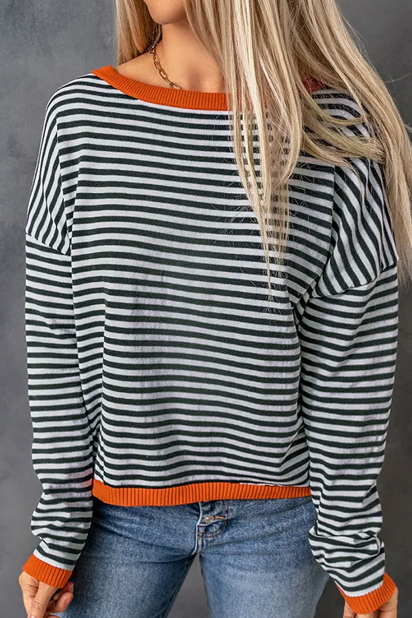 iForgirls Striped Color Contrast Dropped Shoulder Long Sleeve Top