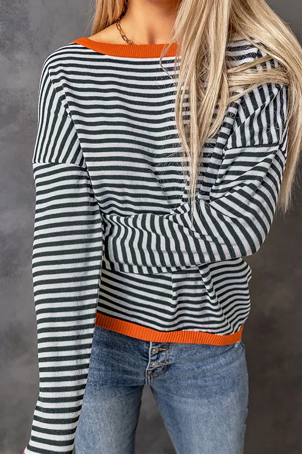 iForgirls Striped Color Contrast Dropped Shoulder Long Sleeve Top