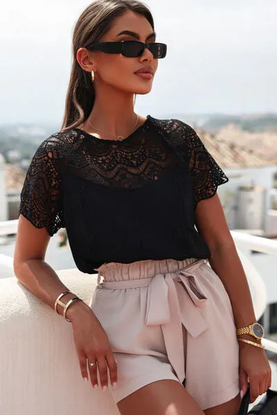 Lace Crochet Patchwork Short Sleeve Top