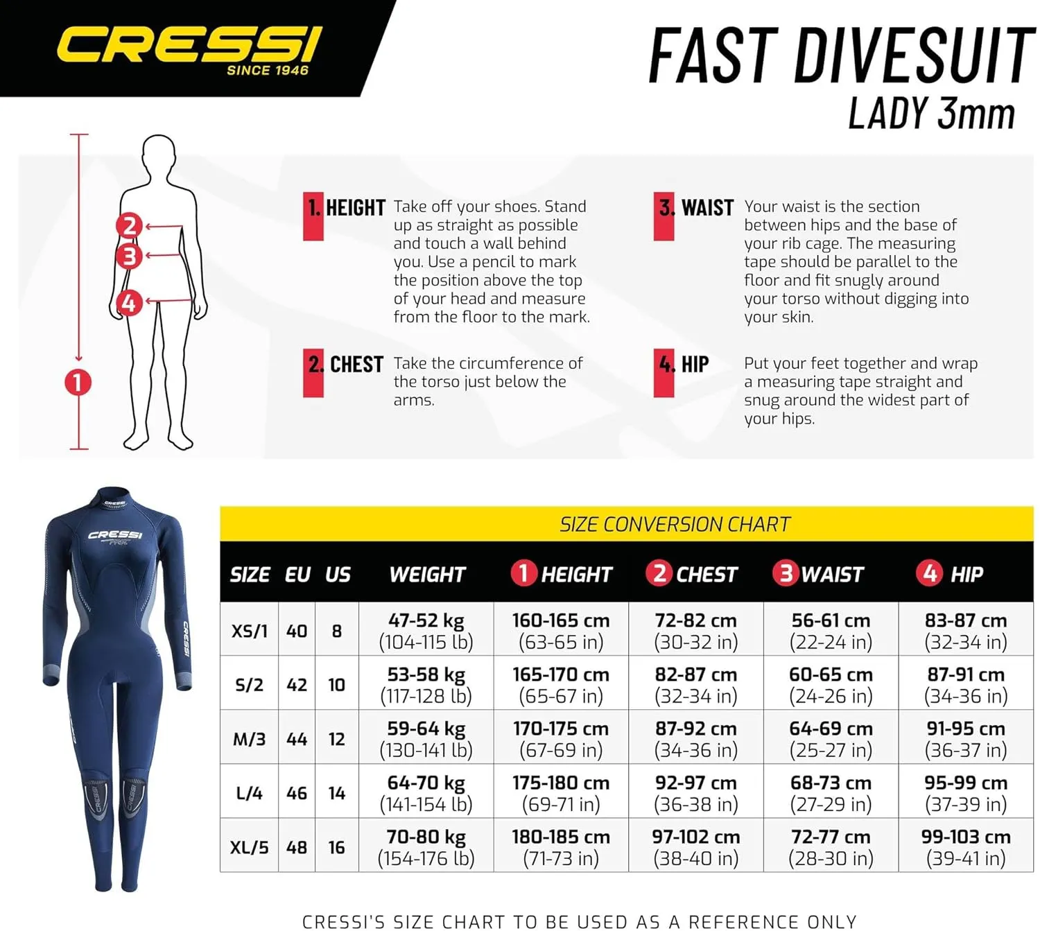 Open Box Cressi 3mm Ladys Fast Full Wetsuit Back-Zip, Size: X-Large