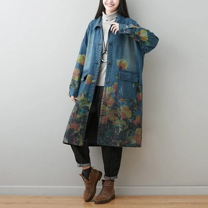 Oversized Floral Denim Coat