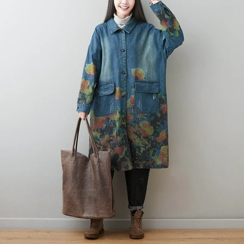 Oversized Floral Denim Coat