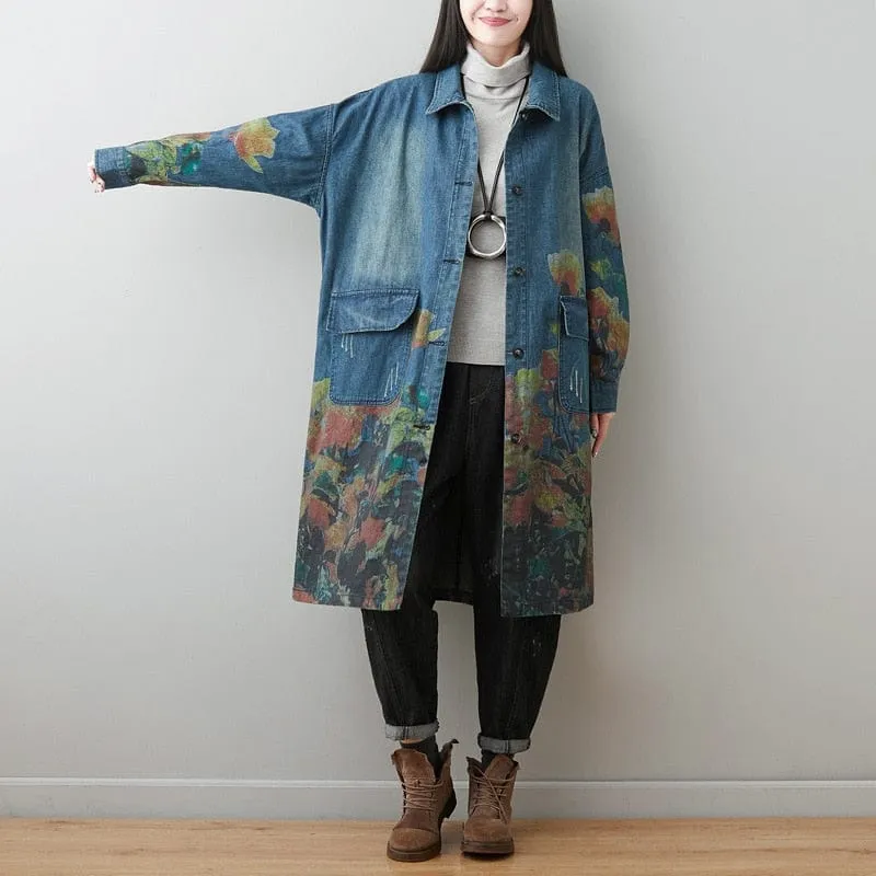 Oversized Floral Denim Coat