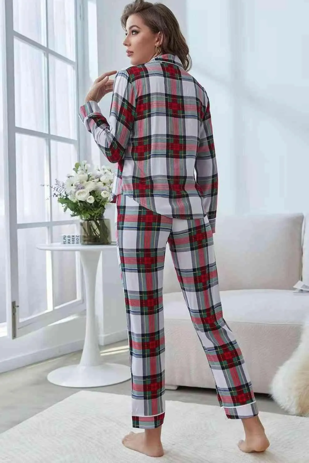 Plaid Button Front Top and Pants Lounge Set