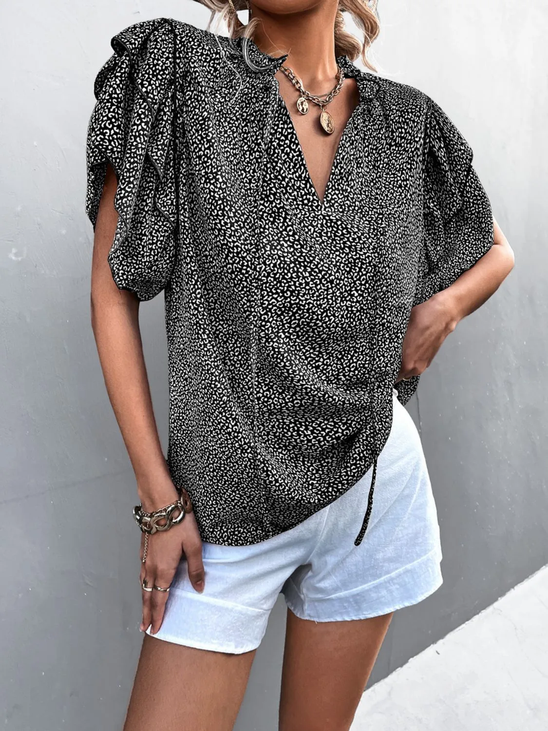 Printed Flutter Sleeve V-Neck Top, 3 Colors