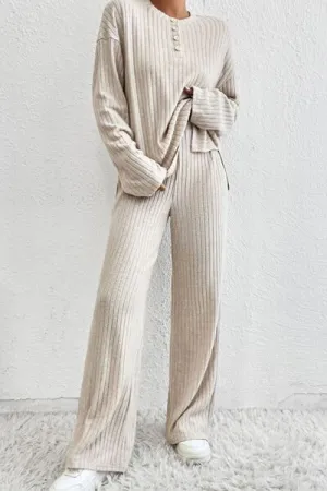 Ribbed Half Button Knit Top and Pants Set