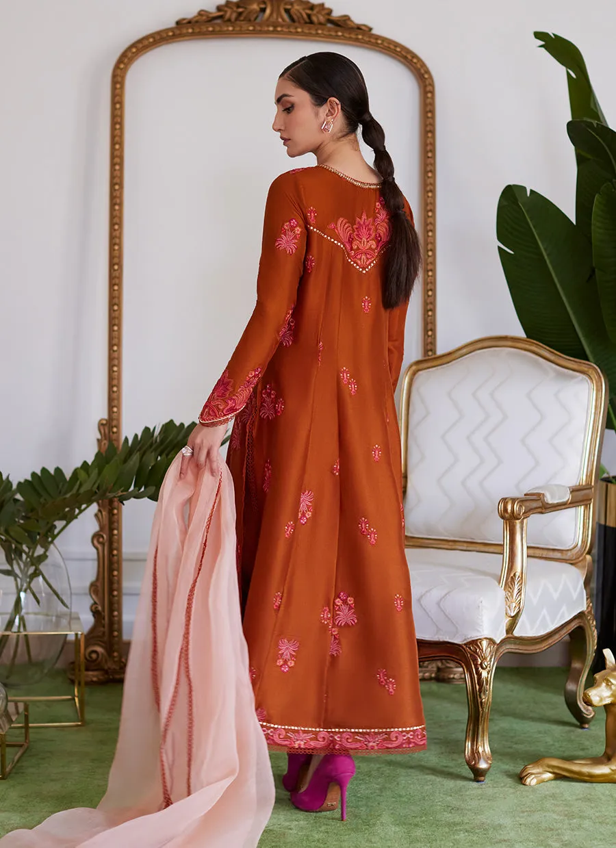 Seneera Embroidered Rust Raw Silk Kalidaar With Dupatta