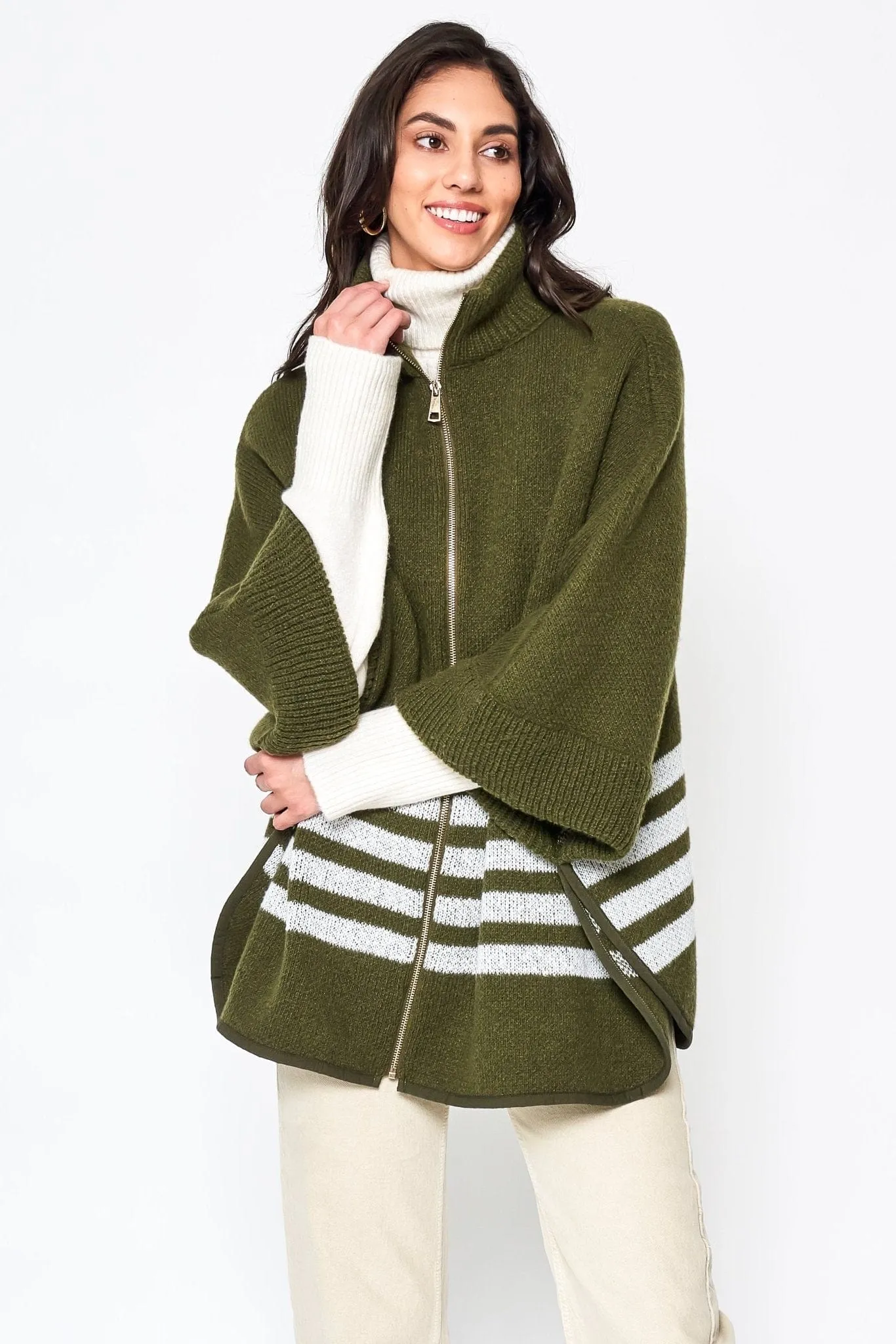 ZCK320012 Sporty Bordered Zip Up Knit Kimono